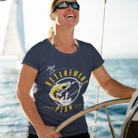 Navy blue t-shirt featuring a fisherman hooking a big bass on a fishing line.