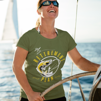Military green t-shirt featuring a fisherman hooking a big bass on a fishing line.