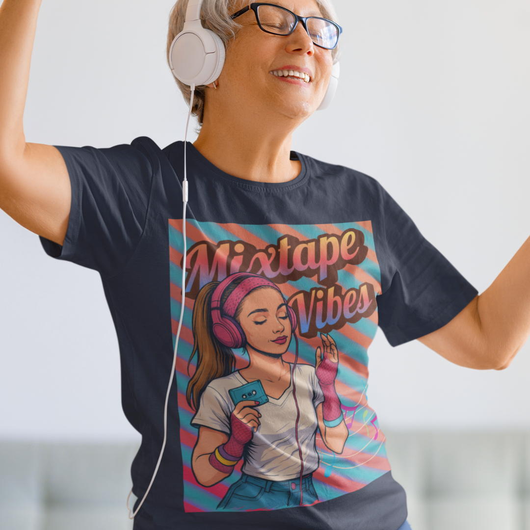 Navy blue tee featuring a teenage girl from the 1980s listening to her cassette player with the pastel colors of that era