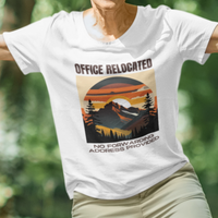 White tee featuring a mountain peak at sunset in warm colors that reads Office Relocated No Forwarding Address Provided