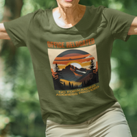Military green tee featuring a mountain peak at sunset in warm colors that reads Office Relocated No Forwarding Address Provided