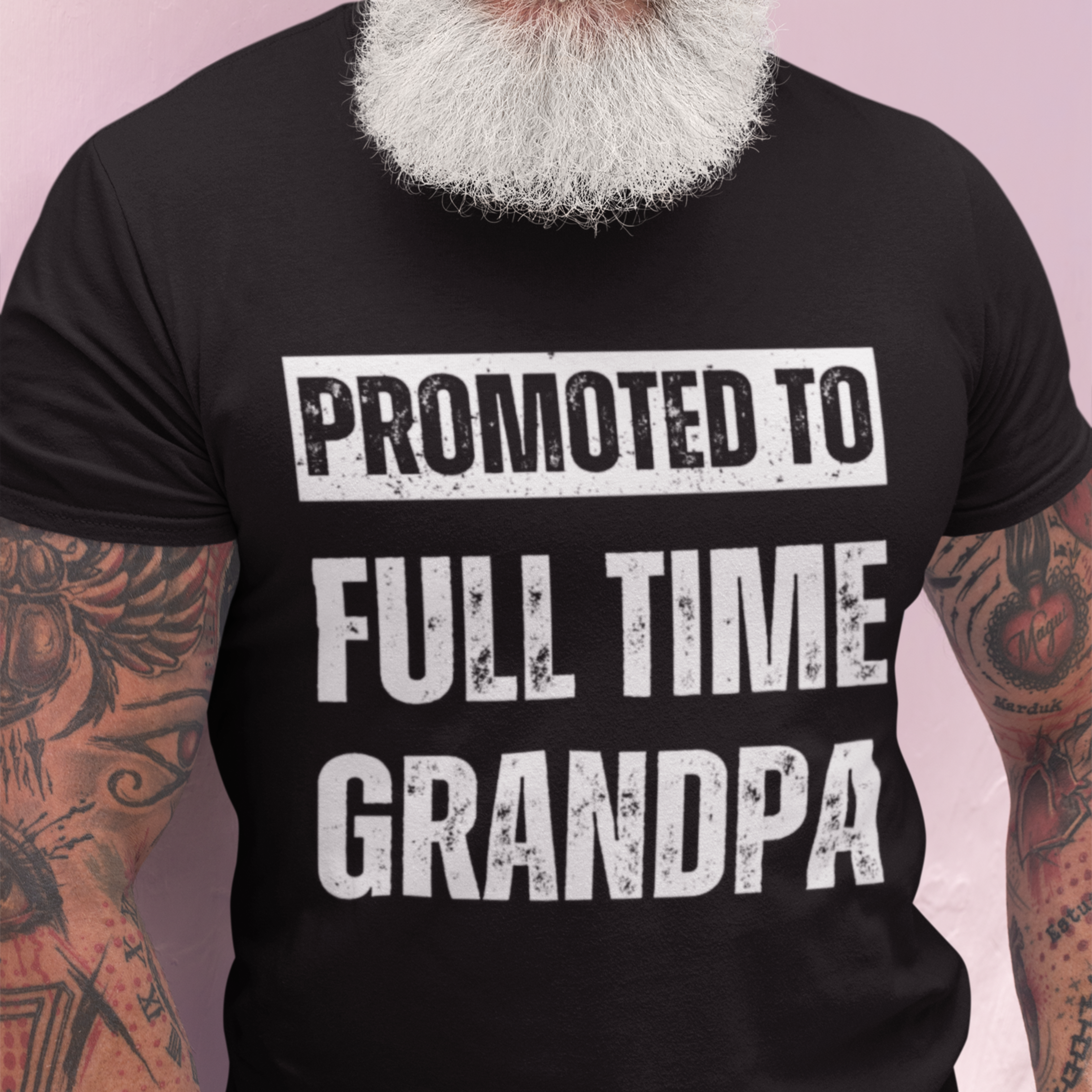 Black tee featuring bold lettering that reads "Promoted to Full Time Grandpa"