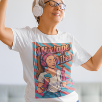 White tee featuring a teenage girl from the 1980s listening to her cassette player with the pastel colors of that era