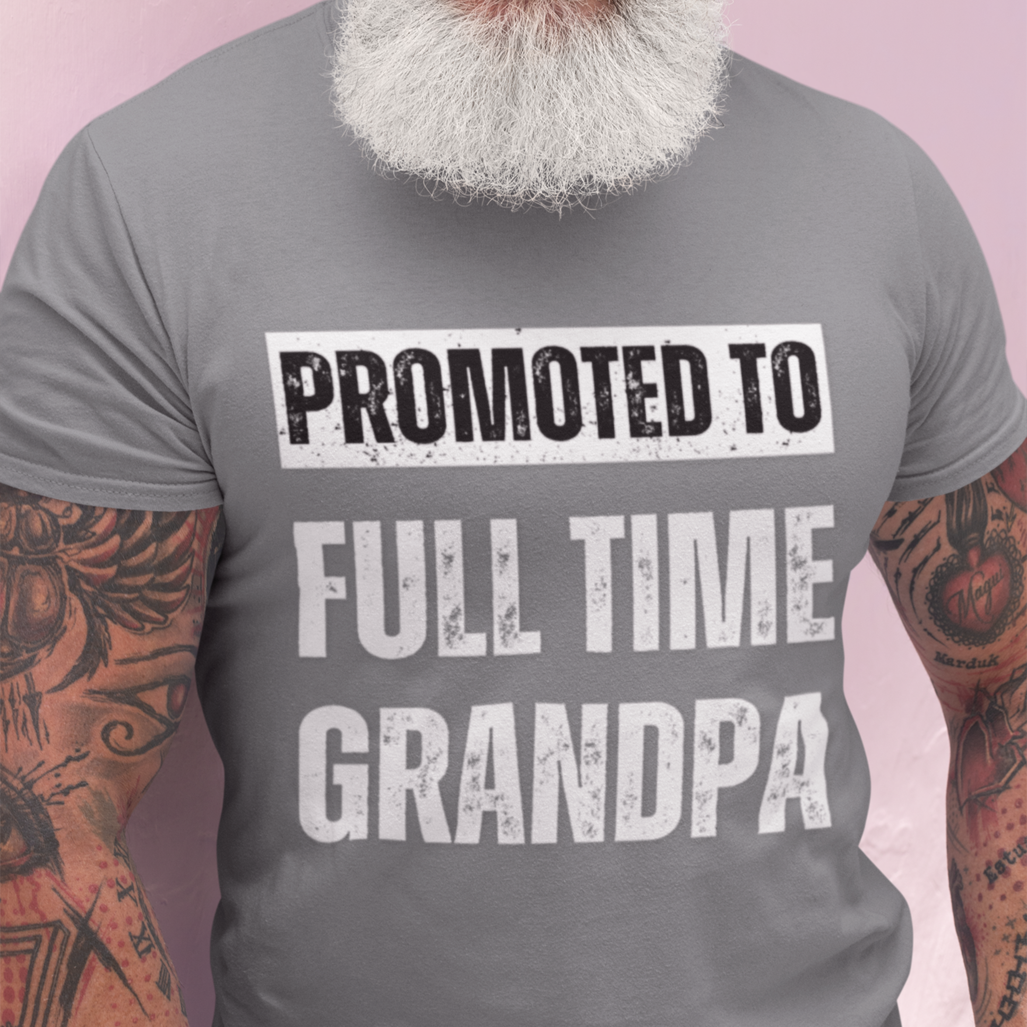 Heather gray tee featuring bold lettering that reads "Promoted to Full Time Grandpa"