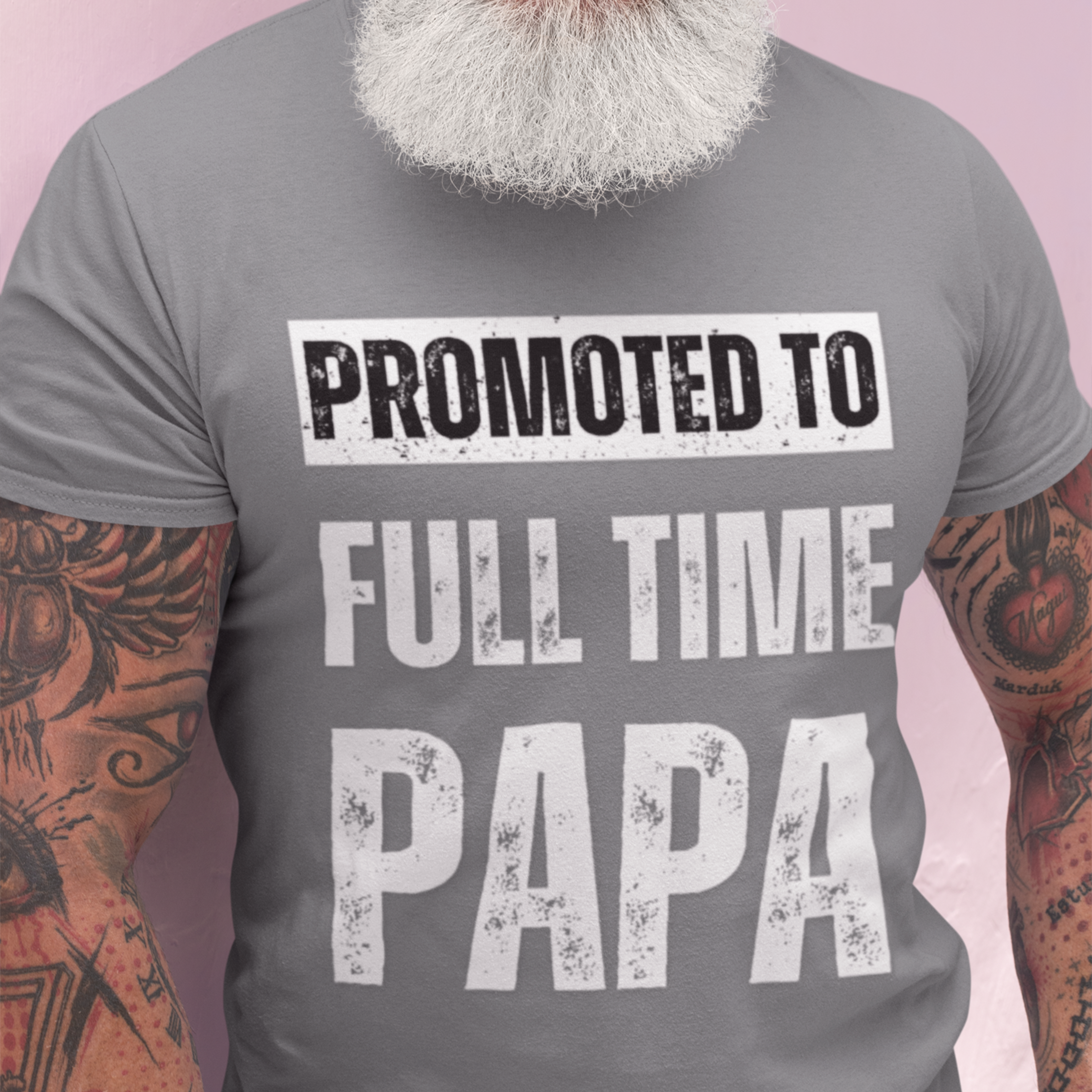 Heather gray tee featuring bold lettering that reads "Promoted to Full Time Papa"