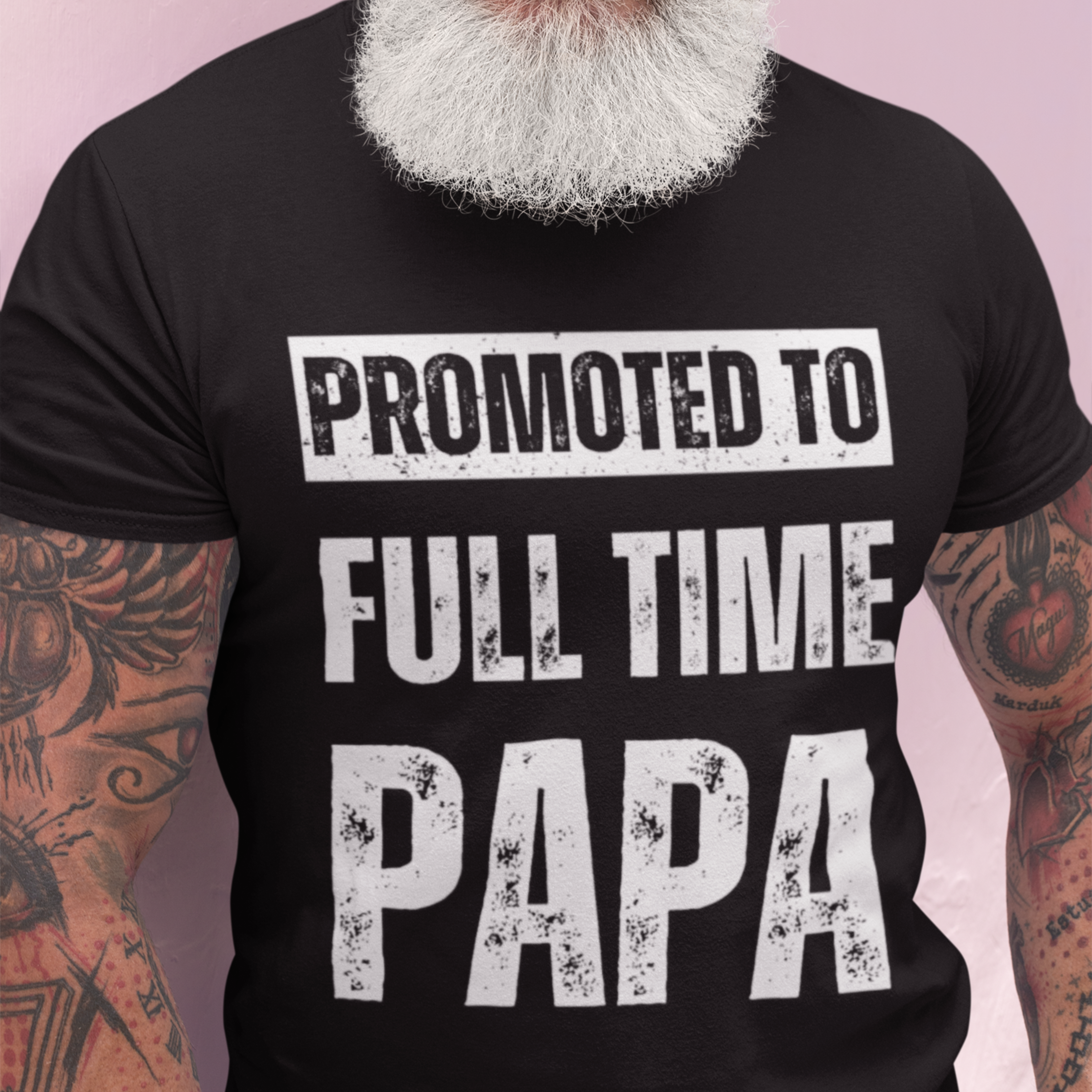 Black tee featuring bold lettering that reads "Promoted to Full Time Papa"