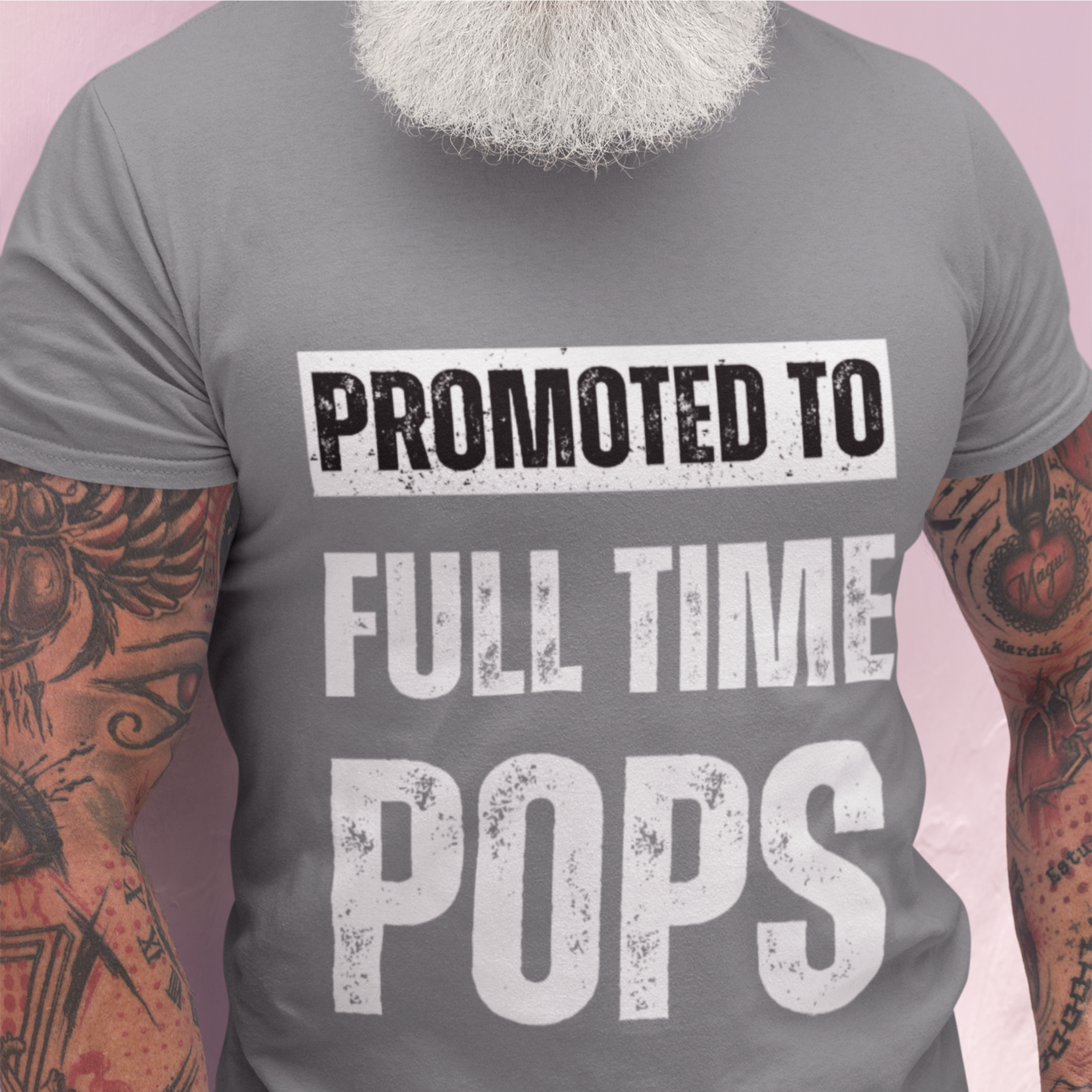 Heather gray tee featuring bold lettering that reads "Promoted to Full Time Pops"