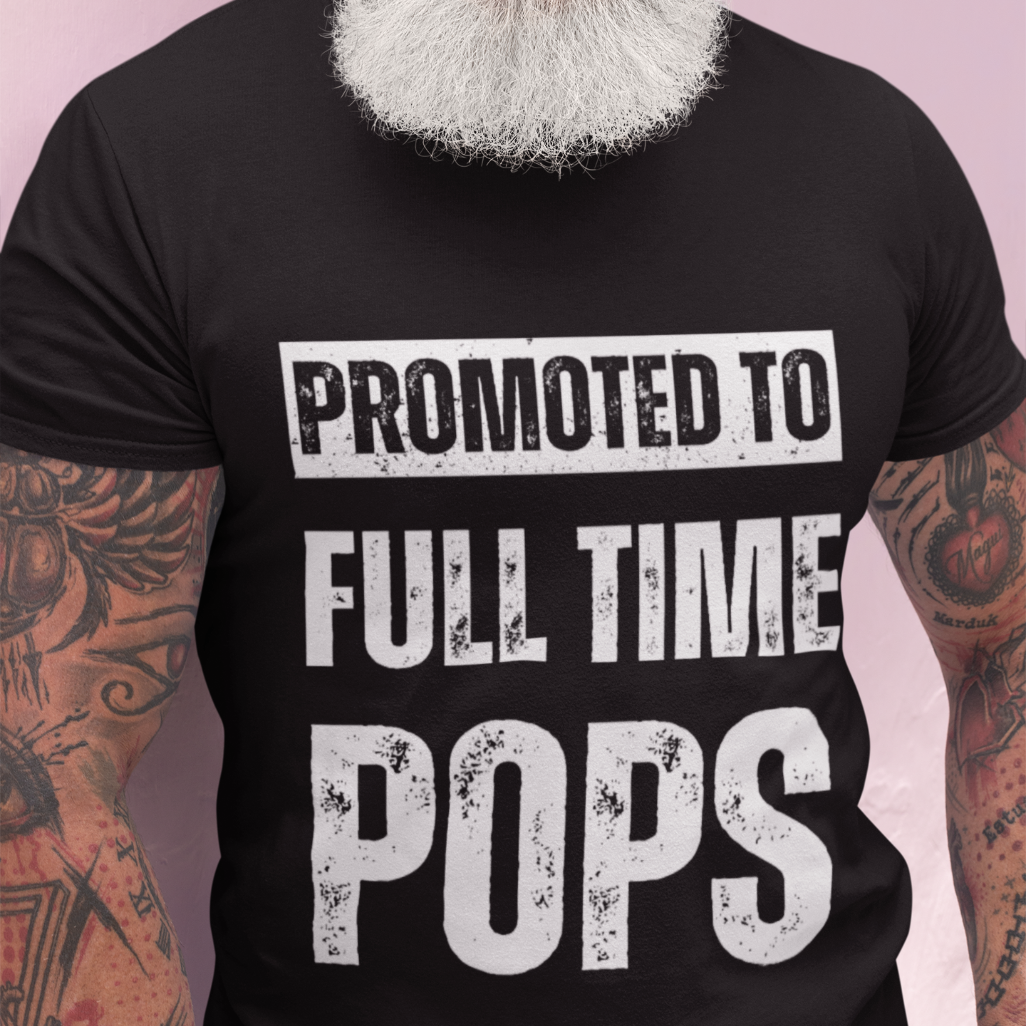 Black tee featuring bold lettering that reads "Promoted to Full Time Pops"