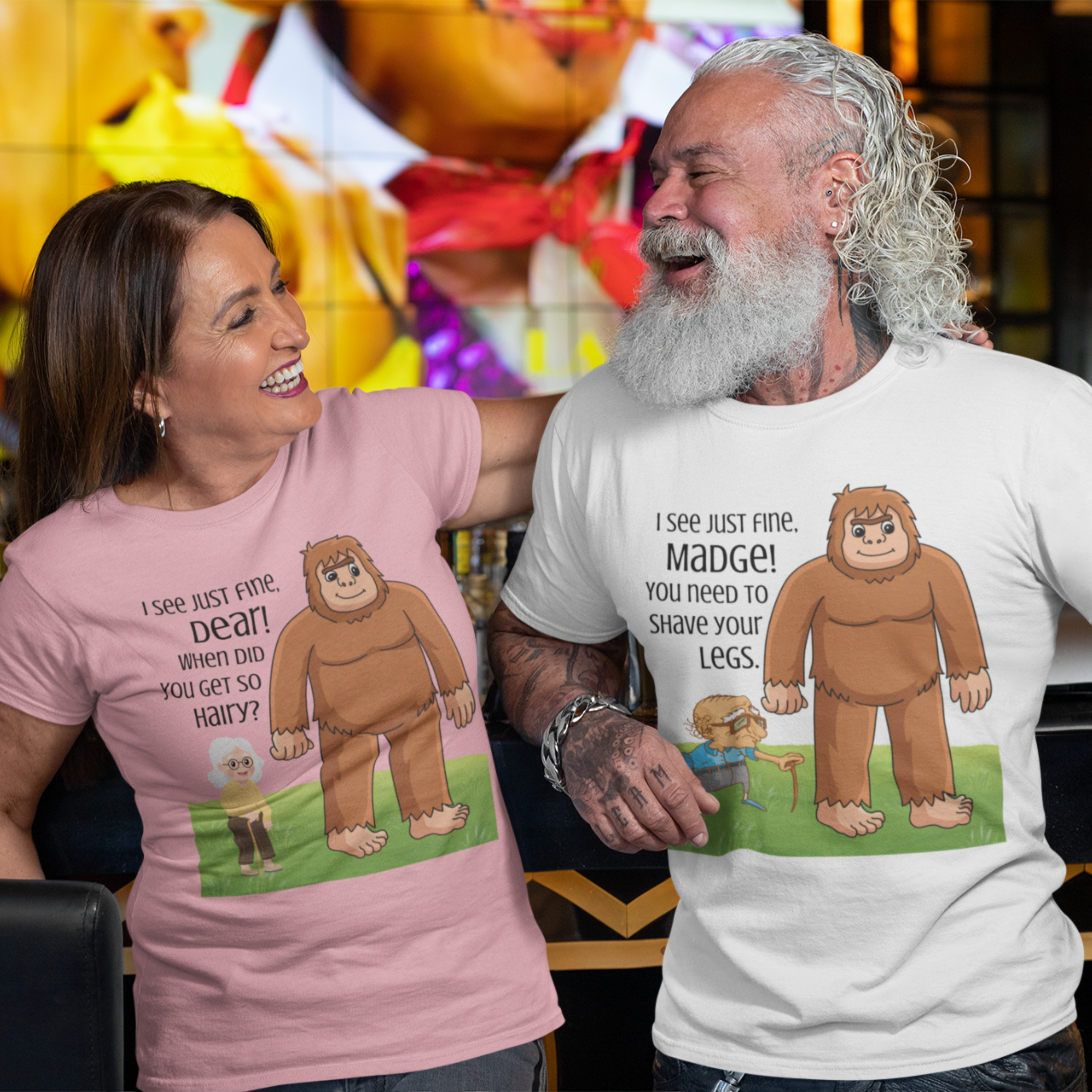 Light pink tee featuring an old woman with poor eyesight confusing hairy Bigfoot for her husband