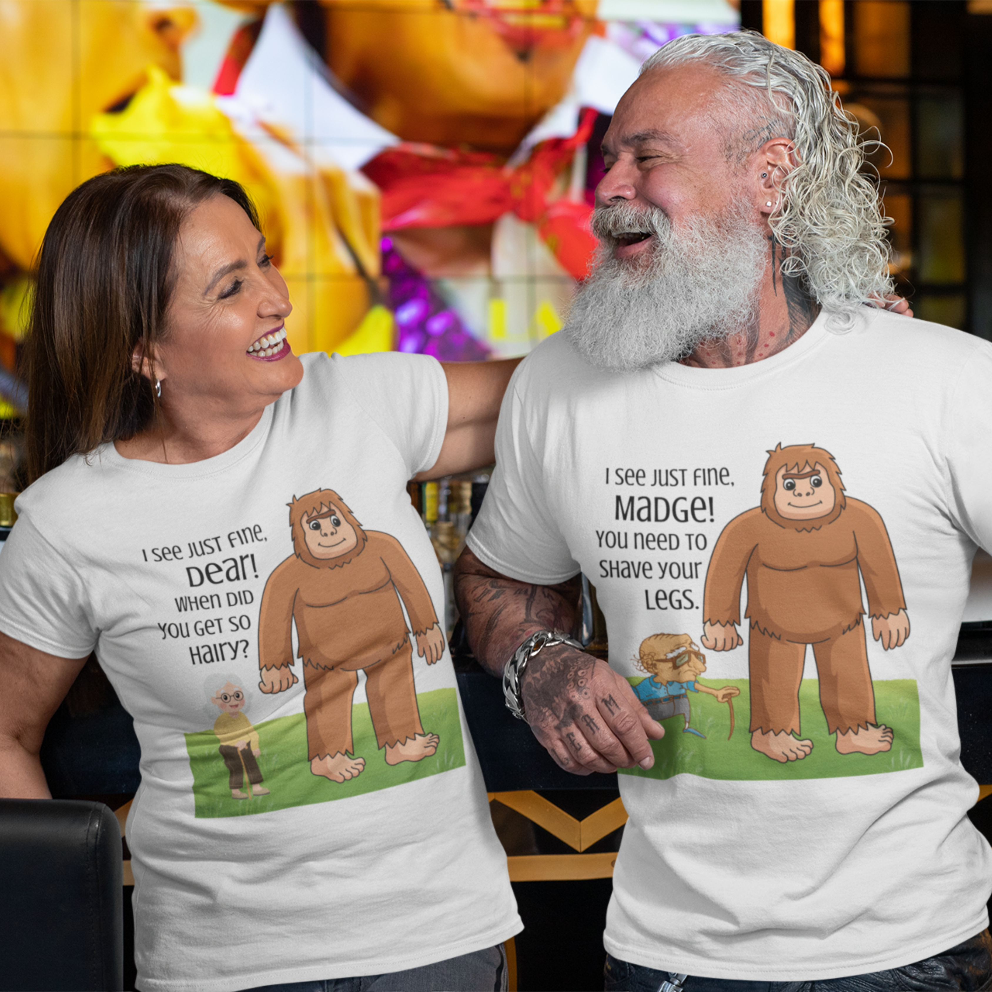 White tee featuring an old man with poor eyesight confusing hairy Bigfoot for his wife Madge 