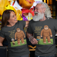 Black tee featuring an old woman with poor eyesight confusing hairy Bigfoot for her husband