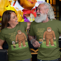 Military green tee featuring an old man with poor eyesight confusing hairy Bigfoot for his wife Madge 