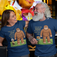 Navy blue tee featuring an old man with poor eyesight confusing hairy Bigfoot for his wife Madge 