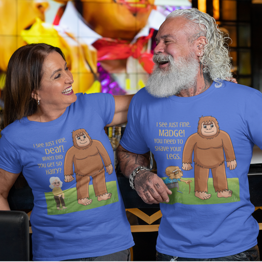 Royal blue tee featuring an old woman with poor eyesight confusing hairy Bigfoot for her husband