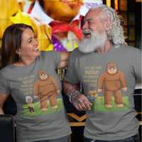 Heather gray tee featuring an old man with poor eyesight confusing hairy Bigfoot for his wife Madge 