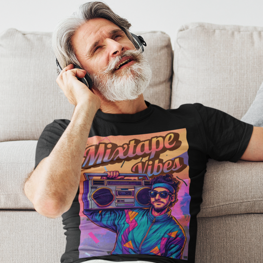 Black tee featuring a young man girl from the 1980s listening to his boom box with a pastel sunset in the background