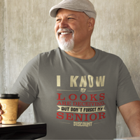 Heather gray t-shirt in bold, colorful lettering of alternating sizes about that senior discount.  