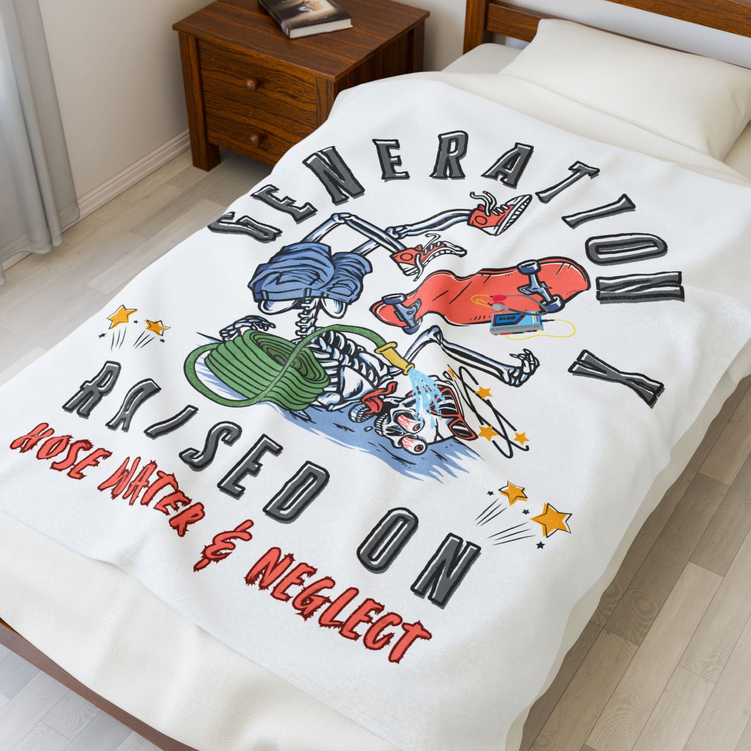 50X60 Blanket with skeleton design and text on a bed in a bedroom setting