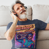 Navy blue tee featuring a young man girl from the 1980s listening to his boom box with a pastel sunset in the background