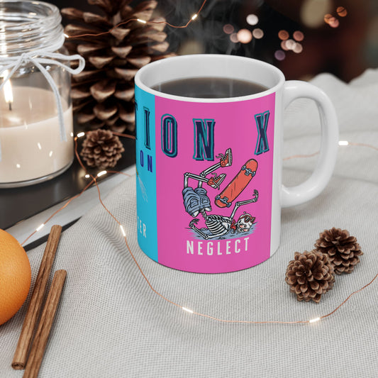Mug with pink and blue design featuring skeletons and text, surrounded by decorative items on a table.