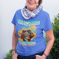 Royal blue tee featuring an older woman in over the top fashion is full of attitude and lightheartedness