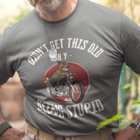 Heather gray t-shirt featuring a mean-looking cartoon grizzly on the back of a motorcycle blowing flames out the pipes.