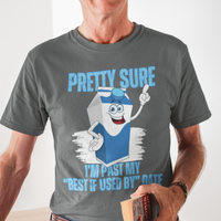 Heather gray t-shirt with neon lettering, featuring a cartoon carton of milk. 