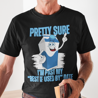 Black t-shirt with neon lettering, featuring a cartoon carton of milk. 