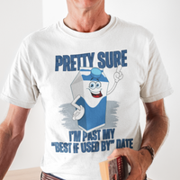 White t-shirt with neon lettering, featuring a cartoon carton of milk. 