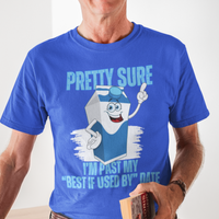 Royal blue t-shirt with neon lettering, featuring a cartoon carton of milk. 