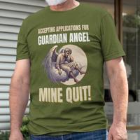 Military green t-shirt featuring a weary angel perched on a cloud with his head in his hand