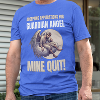 Royal blue t-shirt featuring a weary angel perched on a cloud with his head in his hand