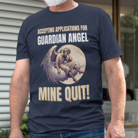 Navy blue t-shirt featuring a weary angel perched on a cloud with his head in his hand