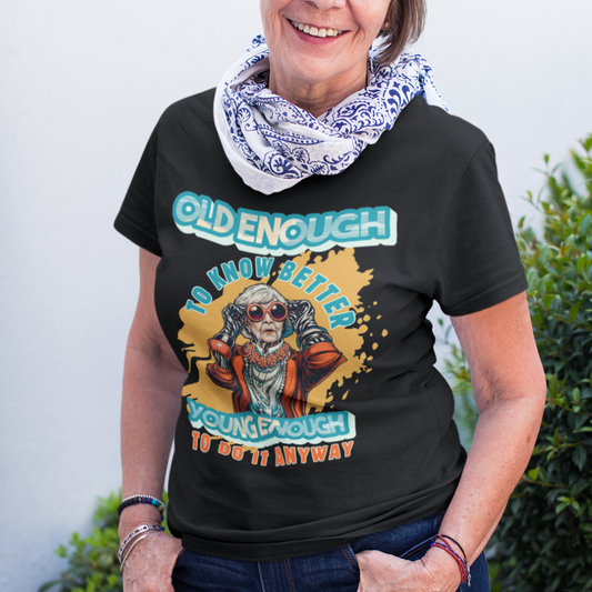 Black tee featuring an older woman in over the top fashion is full of attitude and lightheartedness