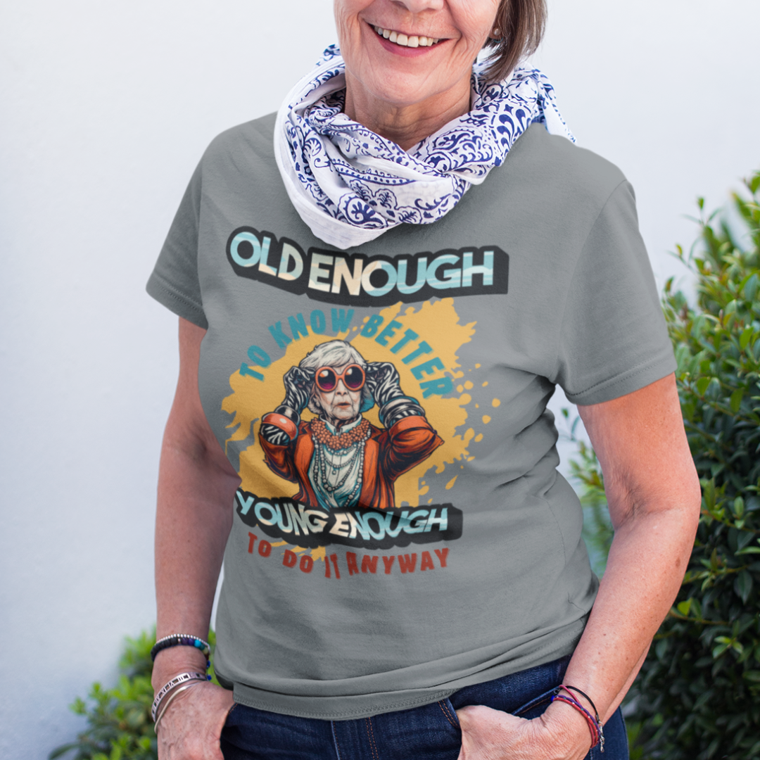 Heather gray tee featuring an older woman in over the top fashion is full of attitude and lightheartedness