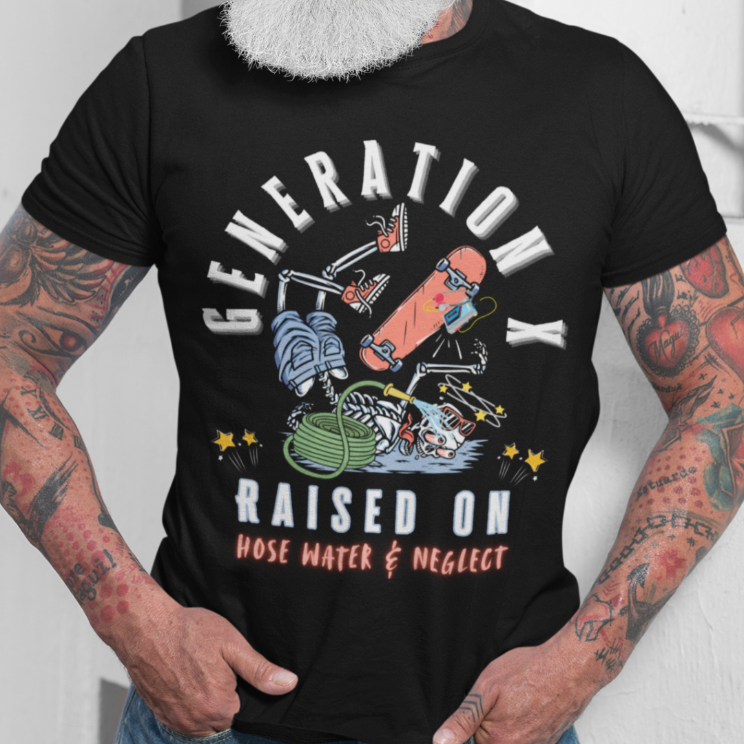Person wearing a black t-shirt with 'Generation Raised on Hose Water & Neglect' graphic design.