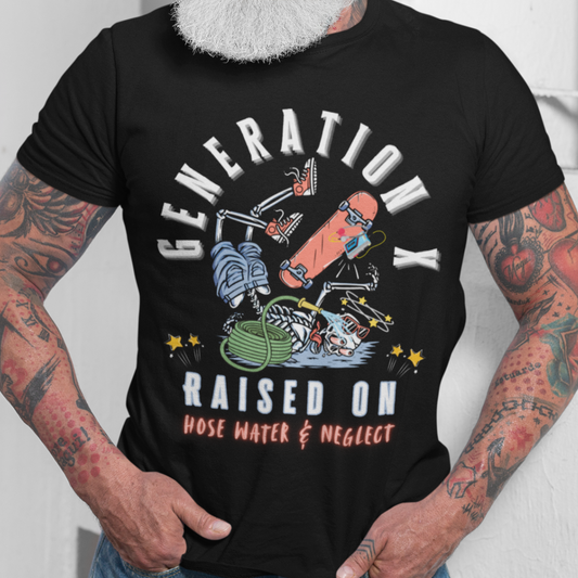 Person wearing a black t-shirt with 'Generation Raised on Hose Water & Neglect' graphic design.