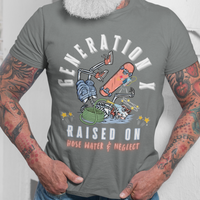 Person wearing a gray t-shirt with a graphic design and text.