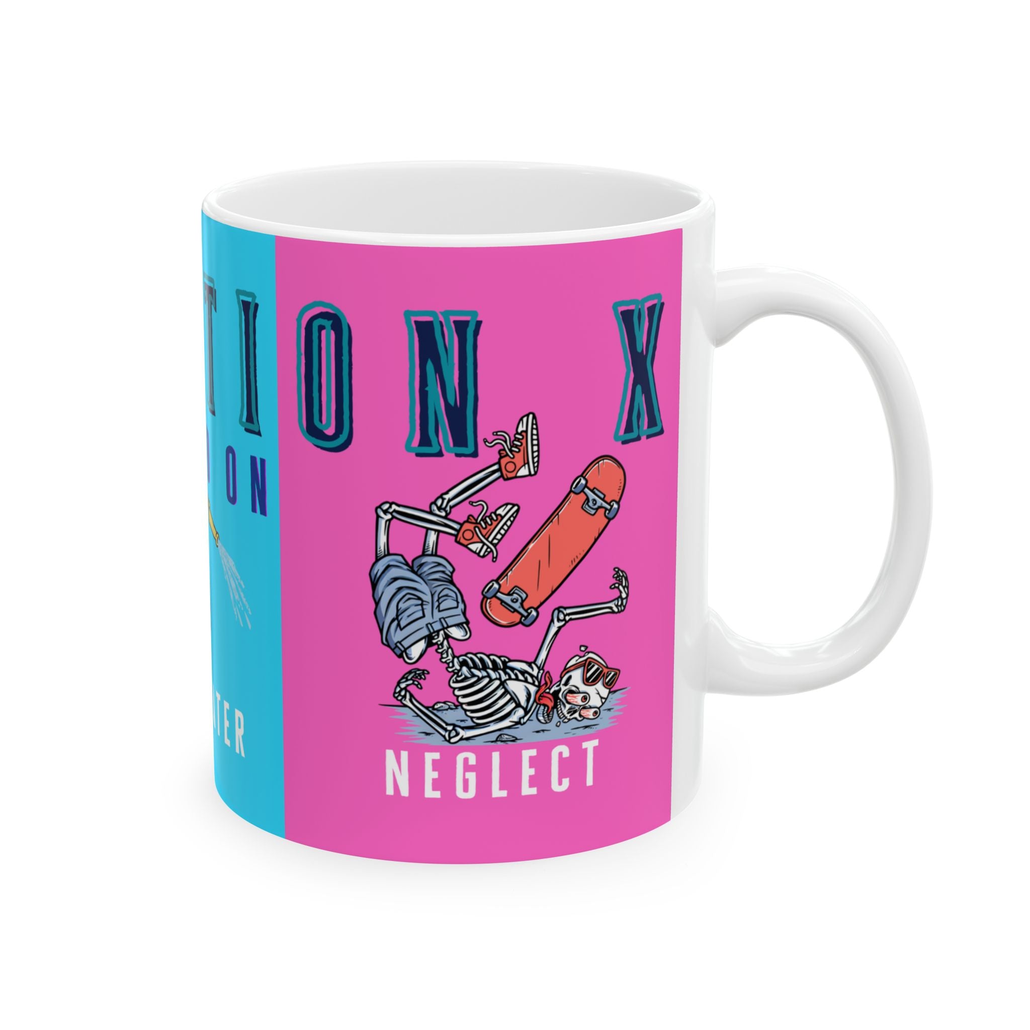 Right side of Mug with colorful design featuring graphics and vibrant colors.
