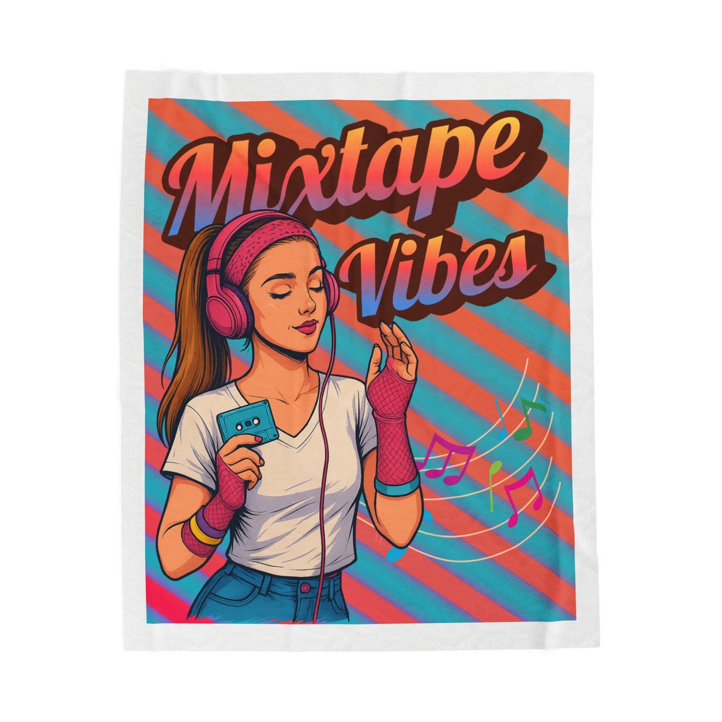 throw blanket with a person wearing headphones and holding a mixtape, with 'Mixtape Vibes' text on a colorful striped background.
