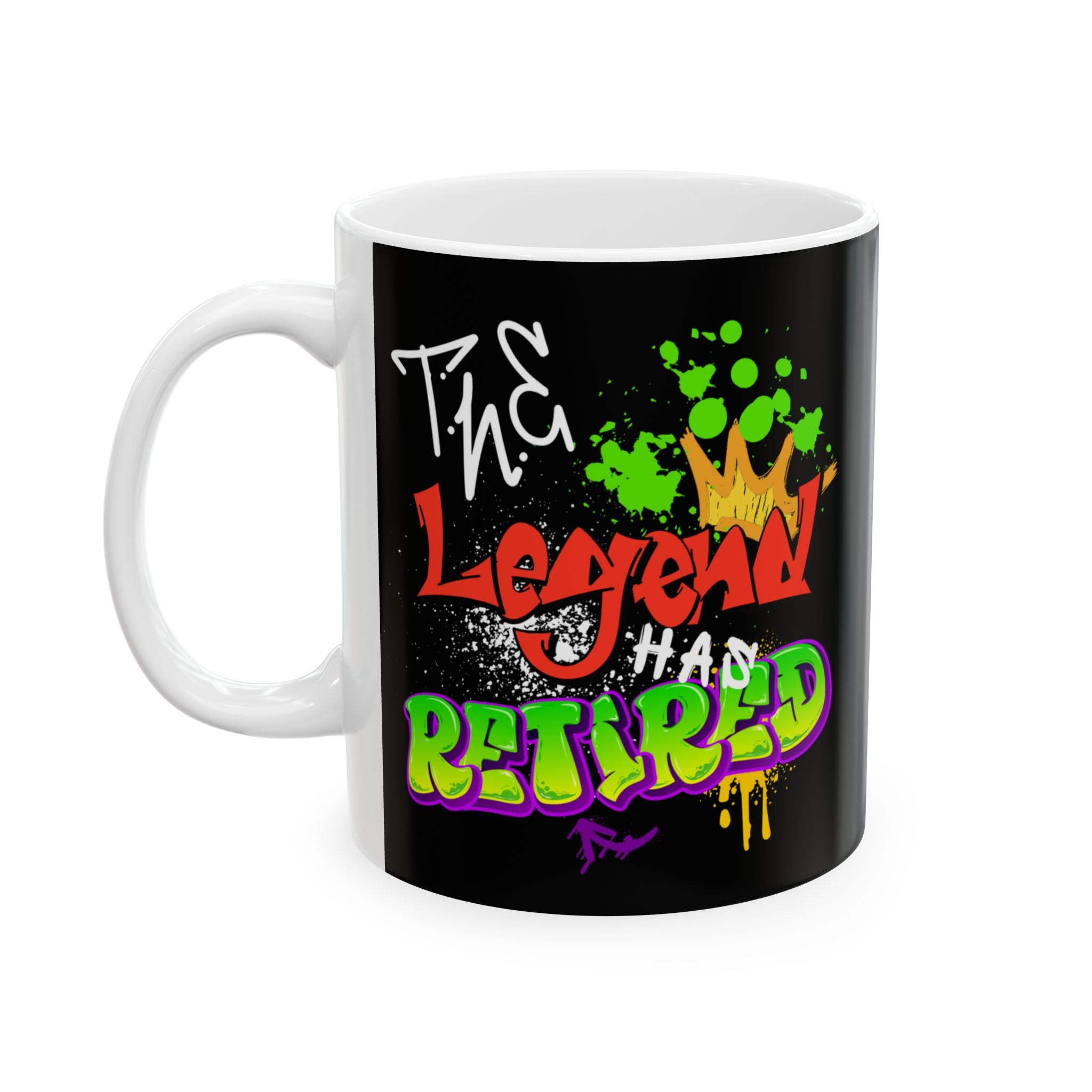 Left side black mug with colorful text design on a white background