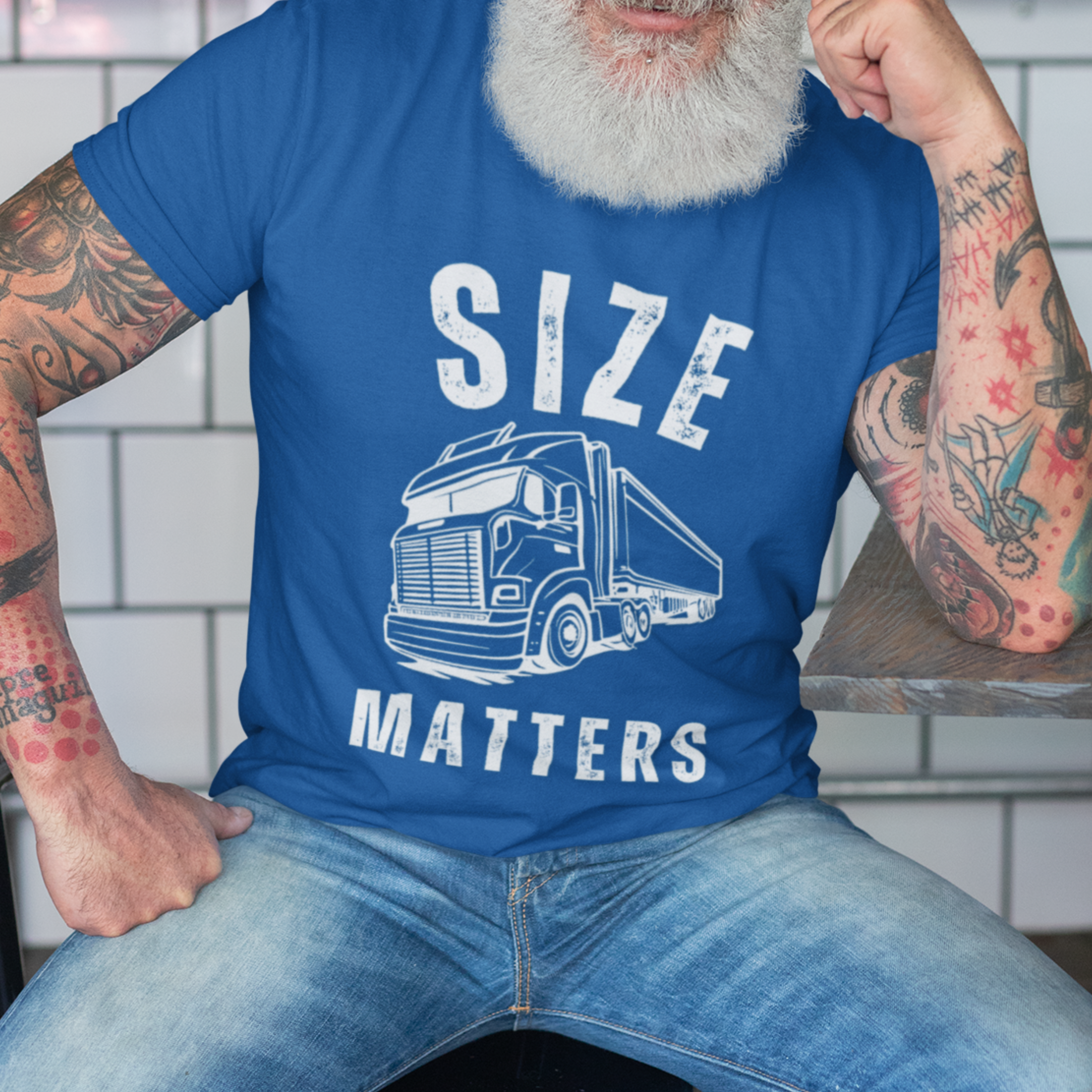 Royal blue t-shirt featuring a tractor-trailer semi truck that reads, Size Matters, in bold lettering