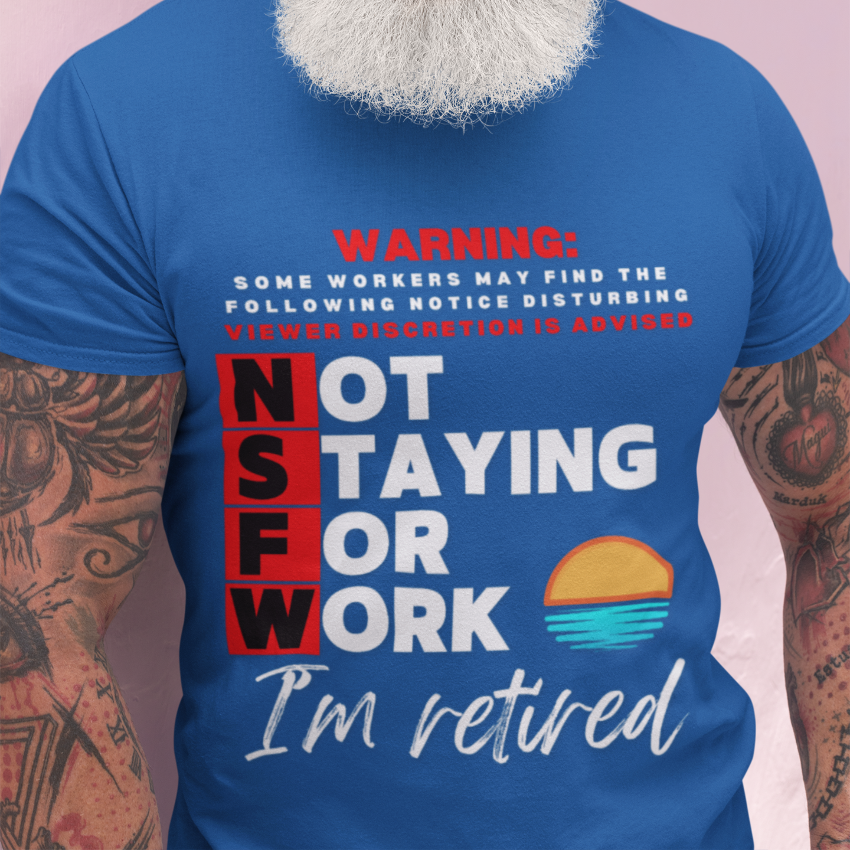 Royal blue tee with movie-style design of the NSFW warning and a sunset motif announcing retirement