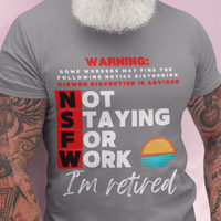 Heather gray tee with movie-style design of the NSFW warning and a sunset motif announcing retirement
