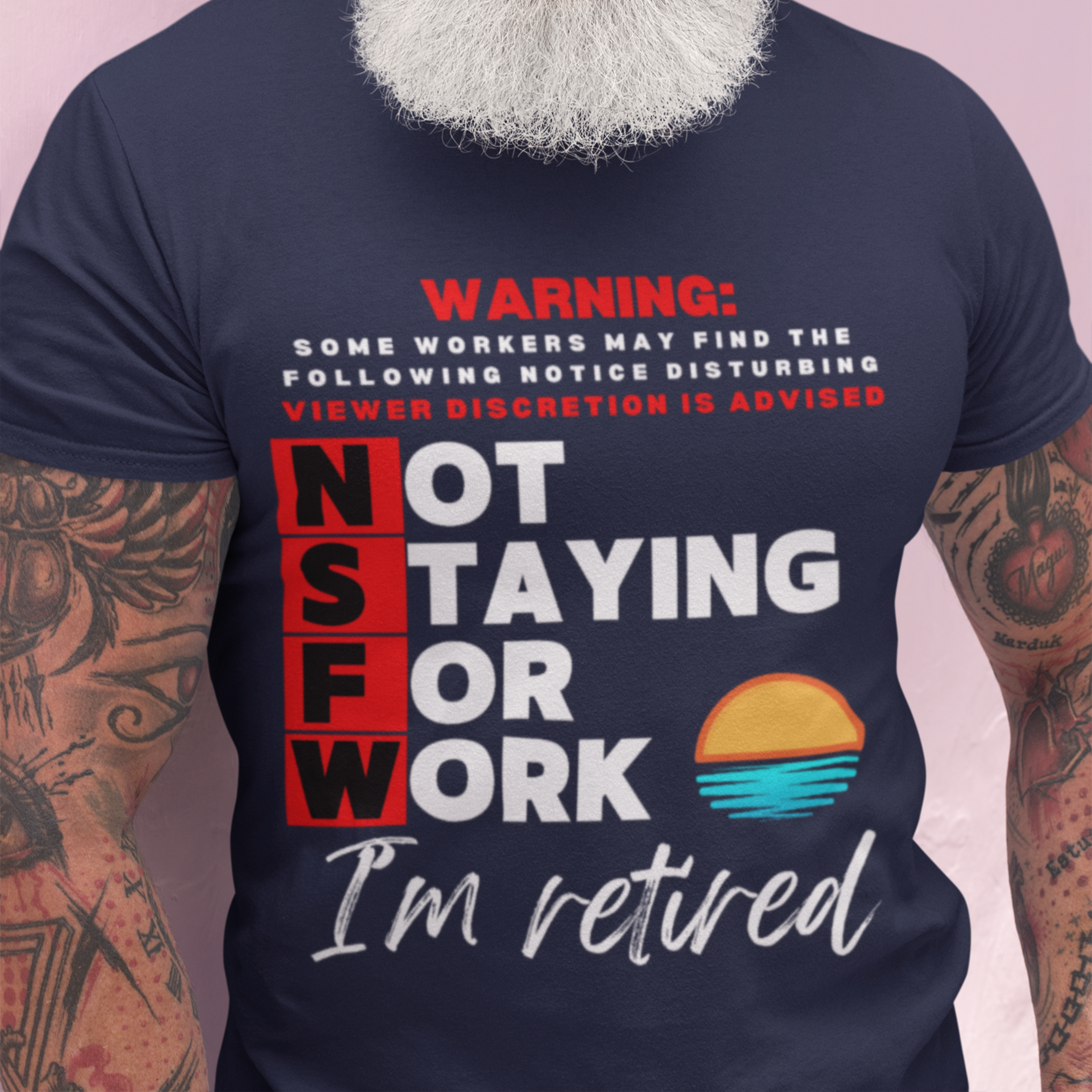 Navy blue tee with movie-style design of the NSFW warning and a sunset motif announcing retirement