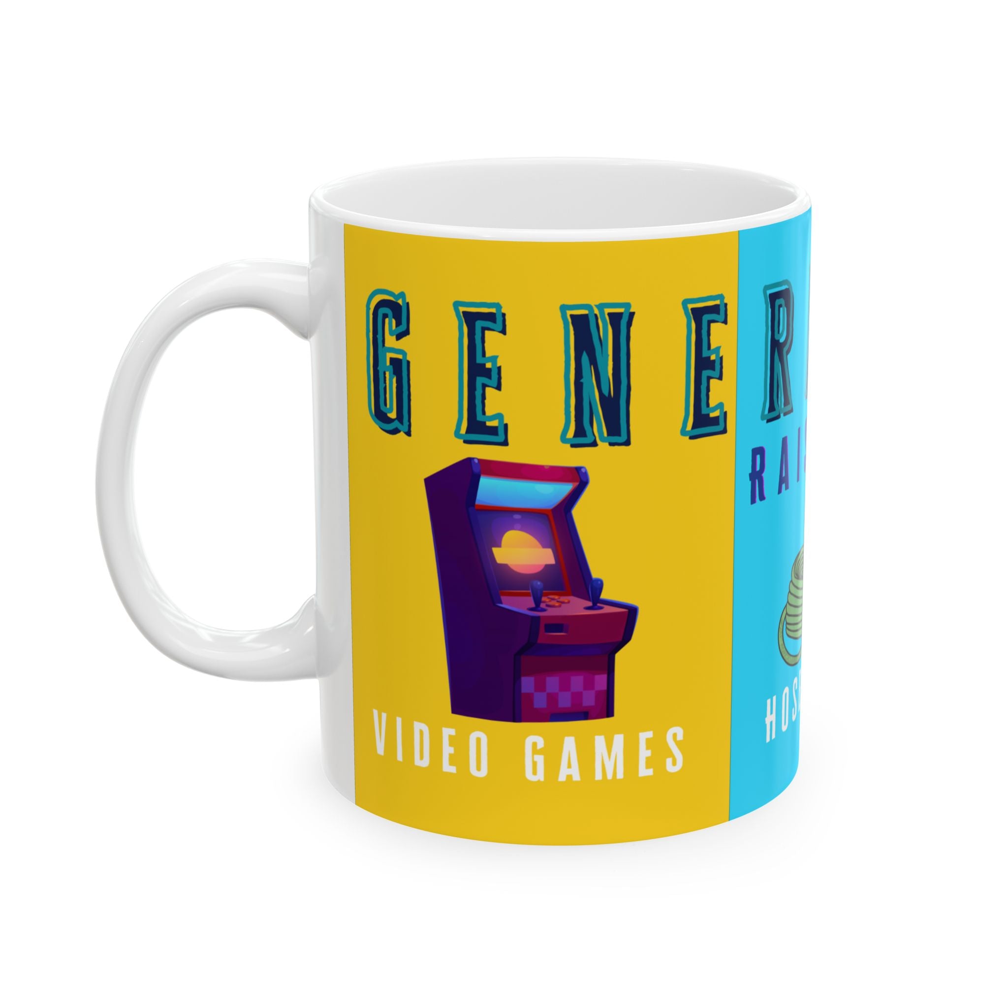 Left side of Mug with 80s-themed design featuring graphics in vibrant colors